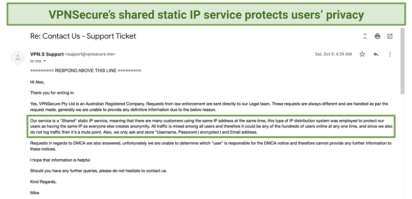Screenshot of my email correspondence with VPNSecure's customer support team