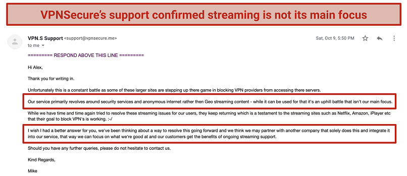 Screenshot of my email correspondence with VPNSecure's customer support regarding its streaming issues