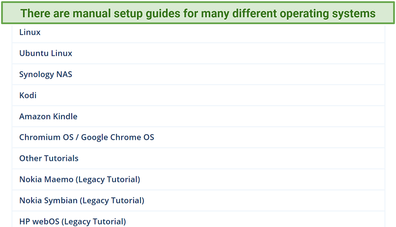 Captura de pantalla de una lista de sistemas operativos en los que StrongVPN se puede instalar manualmente en
