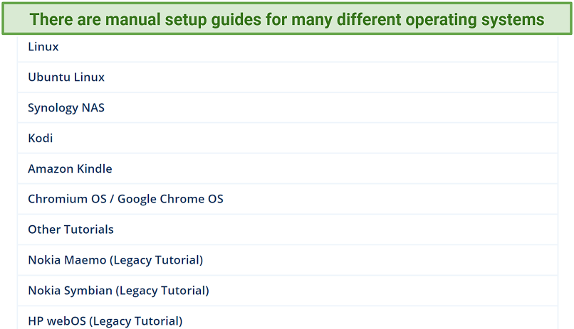 Capture d'écran d'une liste de systèmes d'exploitation sur lesquels StrongVPN peut être installé manuellement