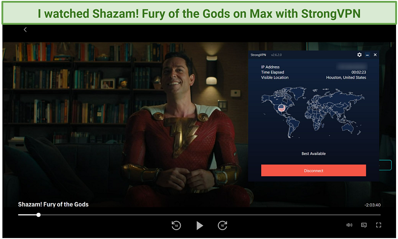 Capture d'écran de Max Player Streaming Shazam! Fury des dieux tout en étant lié à Strongvpn