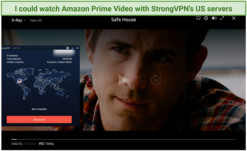 Amazon Prime वीडियो प्लेयर स्ट्रीमिंग सेफ हाउस का स्क्रीनशॉट StrongVPN से जुड़ा हुआ है