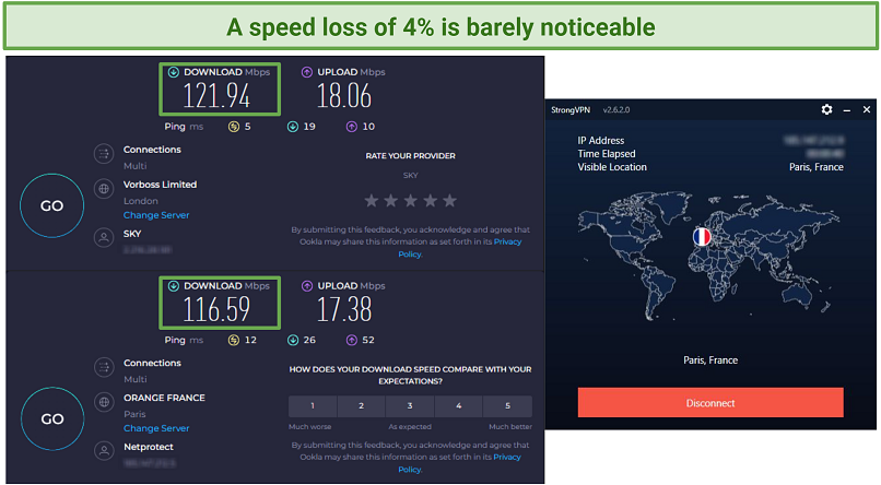 Capteur d'écran des tests de vitesse Ookla effectués sans VPN connecté et bien connecté à StrongVPN