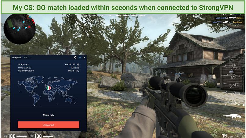 Captura de pantalla de CS: Go se reproduce en una computadora portátil de Windows mientras está conectado a StrongVPN