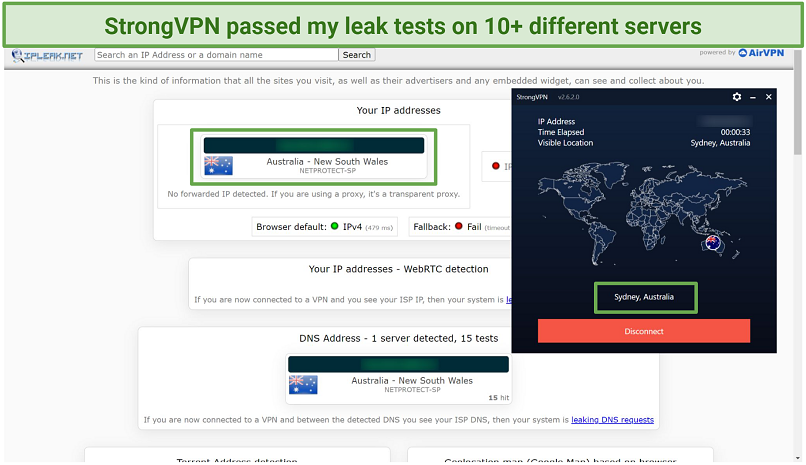 Captura de pantalla de una prueba realizada en iPleak.net mientras está conectado a StrongVPN