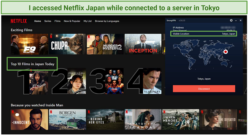 Captura de pantalla de Netflix Japan Top 10 que se muestra mientras está conectado a StrongVPN