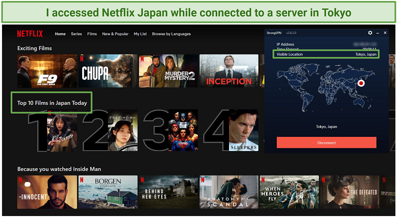 Netflix Yaponiyanın ən yaxşı 10-u Strongvpn-ə qoşulduqda göstərildiyi