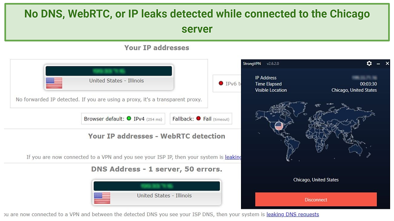IPLeak test results while connected to the Chicago server