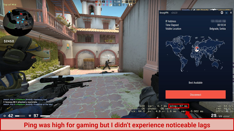 Playing CS: Global Offensive on Steam with StrongVPN’s “Best Available” location