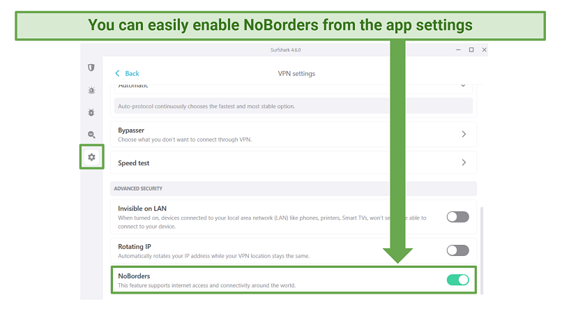 Screenshot showing how to enable Surfshark's NoBorders feature