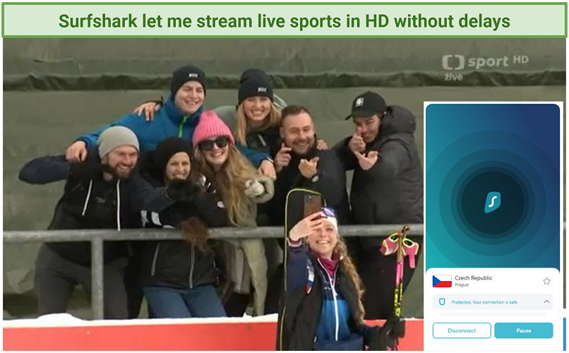 Screenshots of Surfshark VPN connected to servers in the Czech Republic and streaming ČT Sport