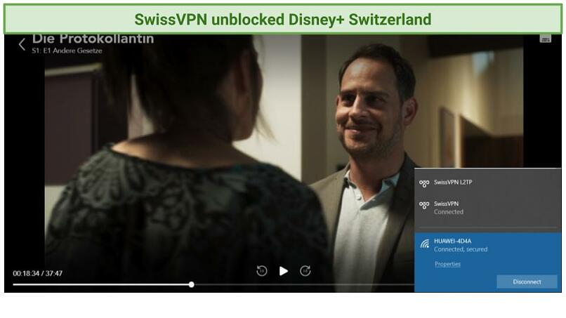 A screenshot showing SwissVPN unblocked Disney+