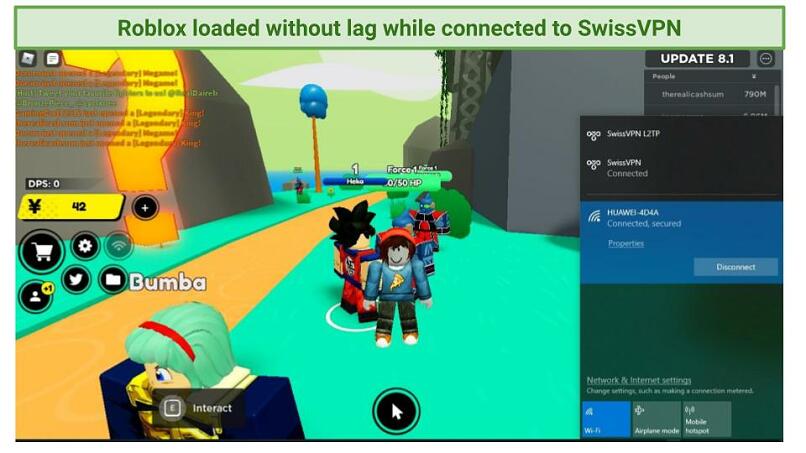A screenshot of Roblox game loading while connected to SwissVPN