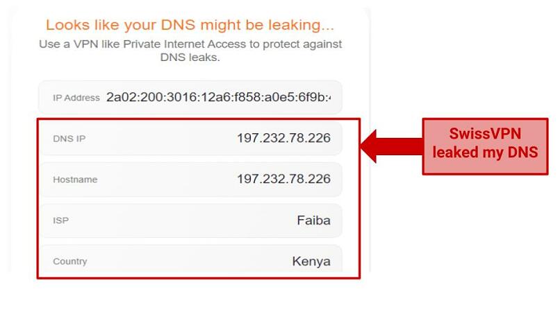 A screenshot of SwissVPN's DNS leak report
