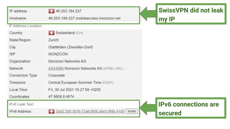 A screenshot of SwissVPN IP leak test