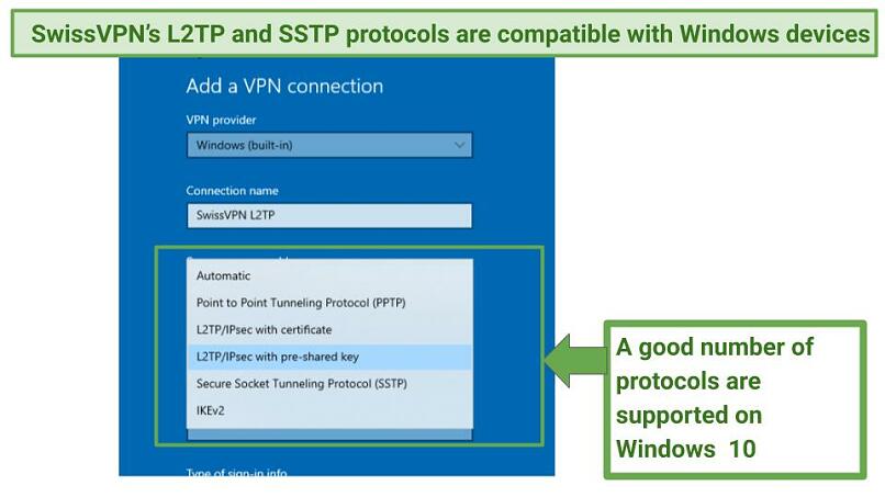 A screenshot of SwissVPN's protocols compatible with with Windows 10 devices