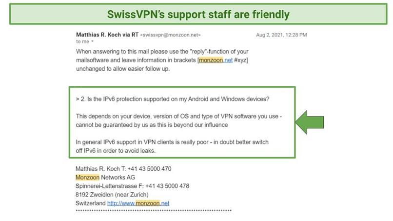 A screenshot of SwissVPN's customer support email response