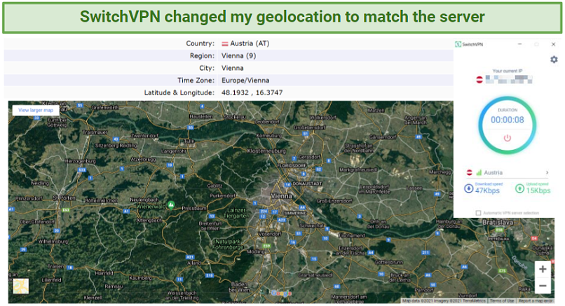 Screenshot showing SwitchVPN changed geolocation with a new IP.