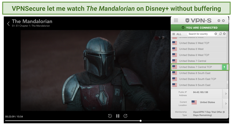 Screenshot of streaming The Mandalorian on Disney+ using VPNSecure