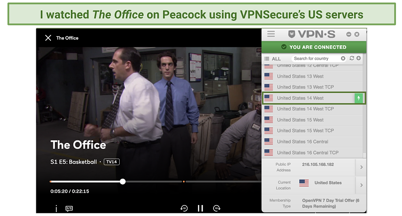 Screenshot of streaming The Office on Peacock using VPNSecure's United States 14 West server