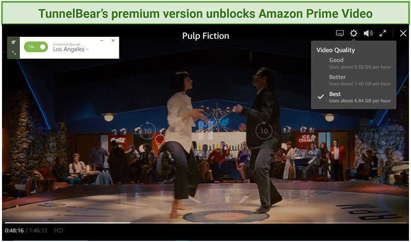 Streaming Pulp Fiction on Amazon Prime Video while connected to TunnelBear's LA server