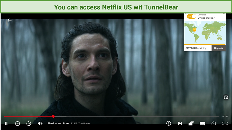 Screenshot of TunnelBear unblocking Netflix US