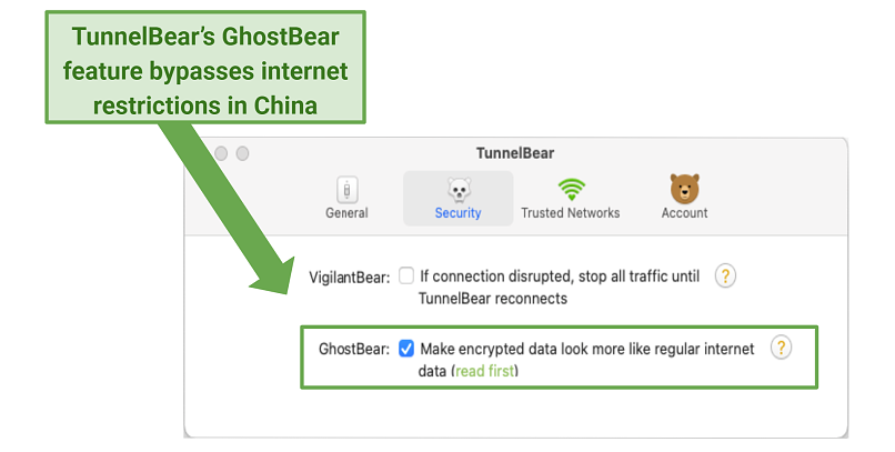 A screenshot of TunnelBear's app showing its GhostBear feature