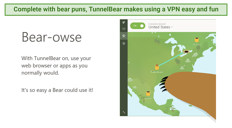 TunnelBear를 설치 한 후 튜토리얼의 일부를 보여주는 스크린 샷