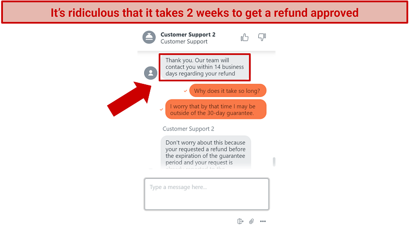 Screenshot of a live chat with Turbo VPN where I was told it takes 2 weeks to approve a refund
