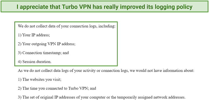 Screenshot of Turbo VPN's privacy policy highlighting the key information it does not collect
