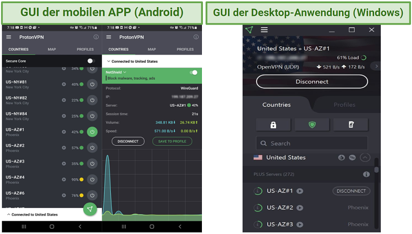 Screenshot of ProtonVPN UIs for Windows and Android devices