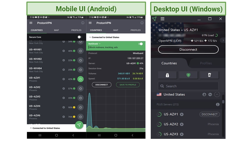 Screenshot of ProtonVPN UIs for Windows and Android devices