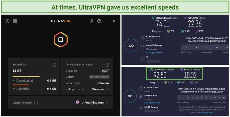 Screenshot of Ookla speed tests done while connected to UltraVPN and with no VPN connection
