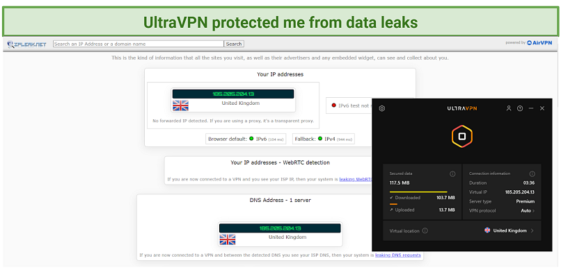 Graphic showing UltraVPN passing an IP and DNS leak test