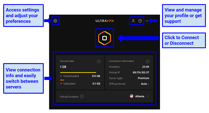 graphic showing UltraVPN's home screen
