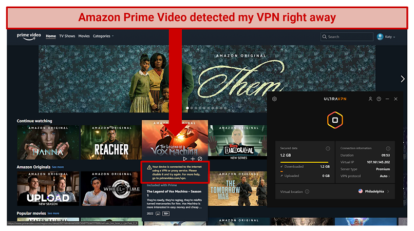 graphic showing Amazon Prime Video detected the use of a VPN