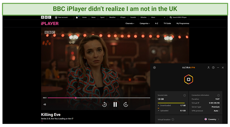 graphic showing BBC iPlayer streaming using UltraVPN's servers