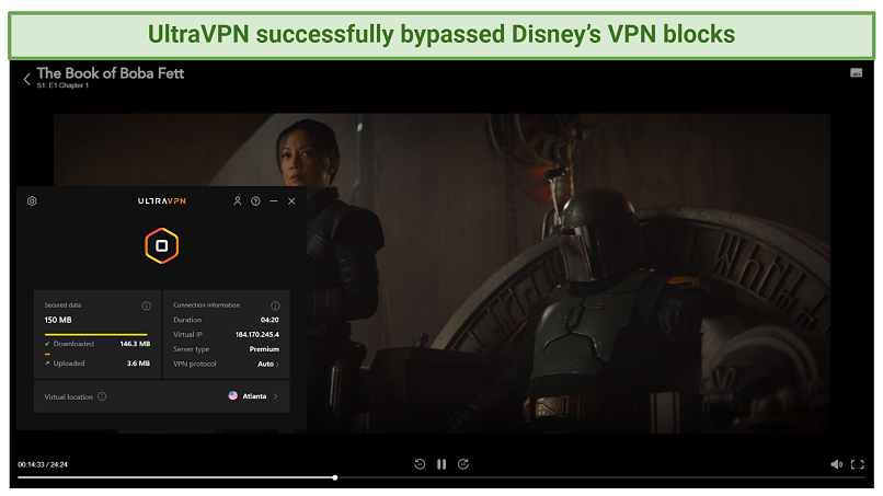 graphic showing Disney+ streaming using UltraVPN's servers