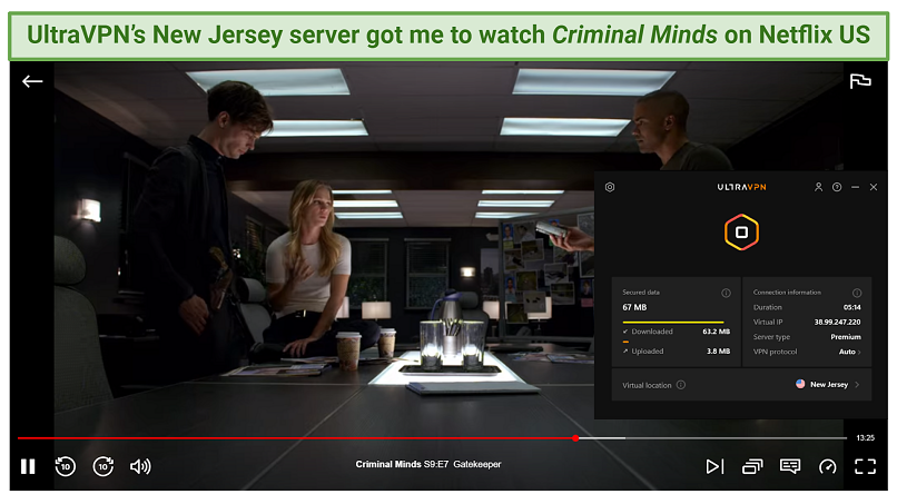 graphic showing Netflix US streaming using UltraVPN's servers