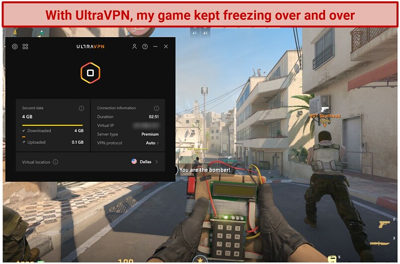 Screenshot of Stream running Counter-Strike 2 while connected to UltraVPN's Dallas server