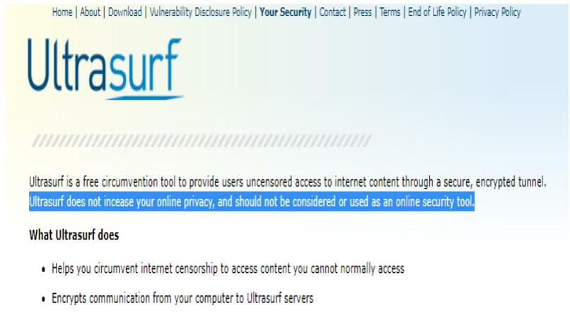 A screenshot of the security page on Ultrasurf’s website