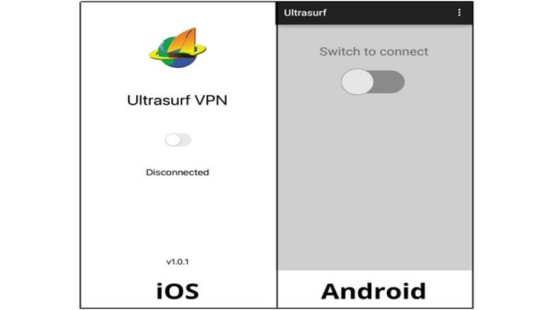 A screenshot of Ultrasurf’s iOS and Android app interface