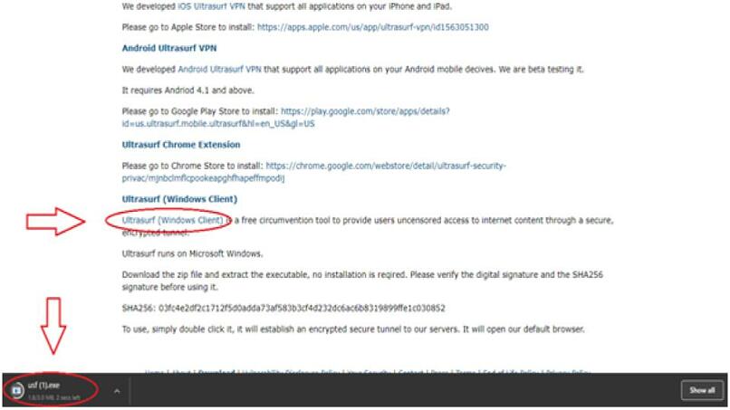 A screenshot of Ultrasurf's download page pointing to the Windows client