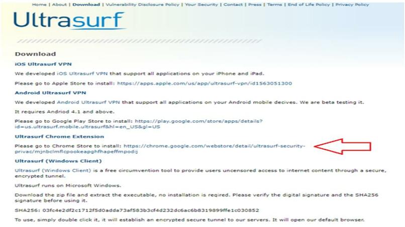 A screenshot of Ultrasurf's download page pointing to the Windows client