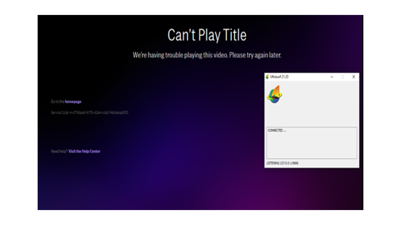A screenshot of the error message that appeared on HBO Max while connected to Ultrasurf