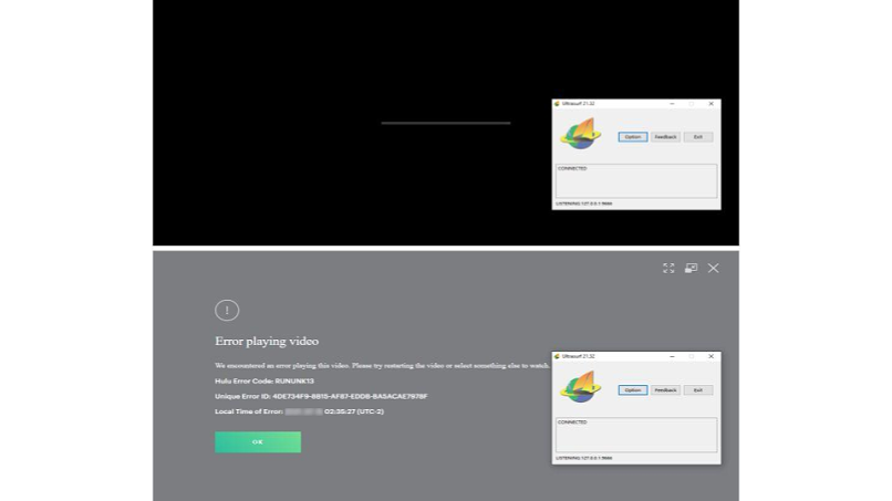 A screenshot of the error message that popped up on Hulu while connected to Ultrasurf