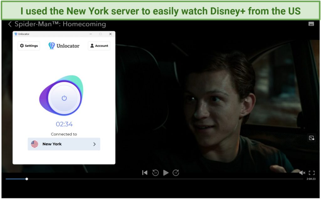 A screenshot of Disney+ player streaming Spider-Man: Homecoming while connected to Unlocator's New York server