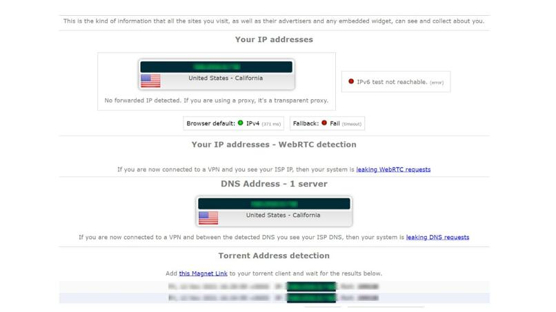 Screenshot of Unlocator's WebRTC (IP) and DNS leak test results