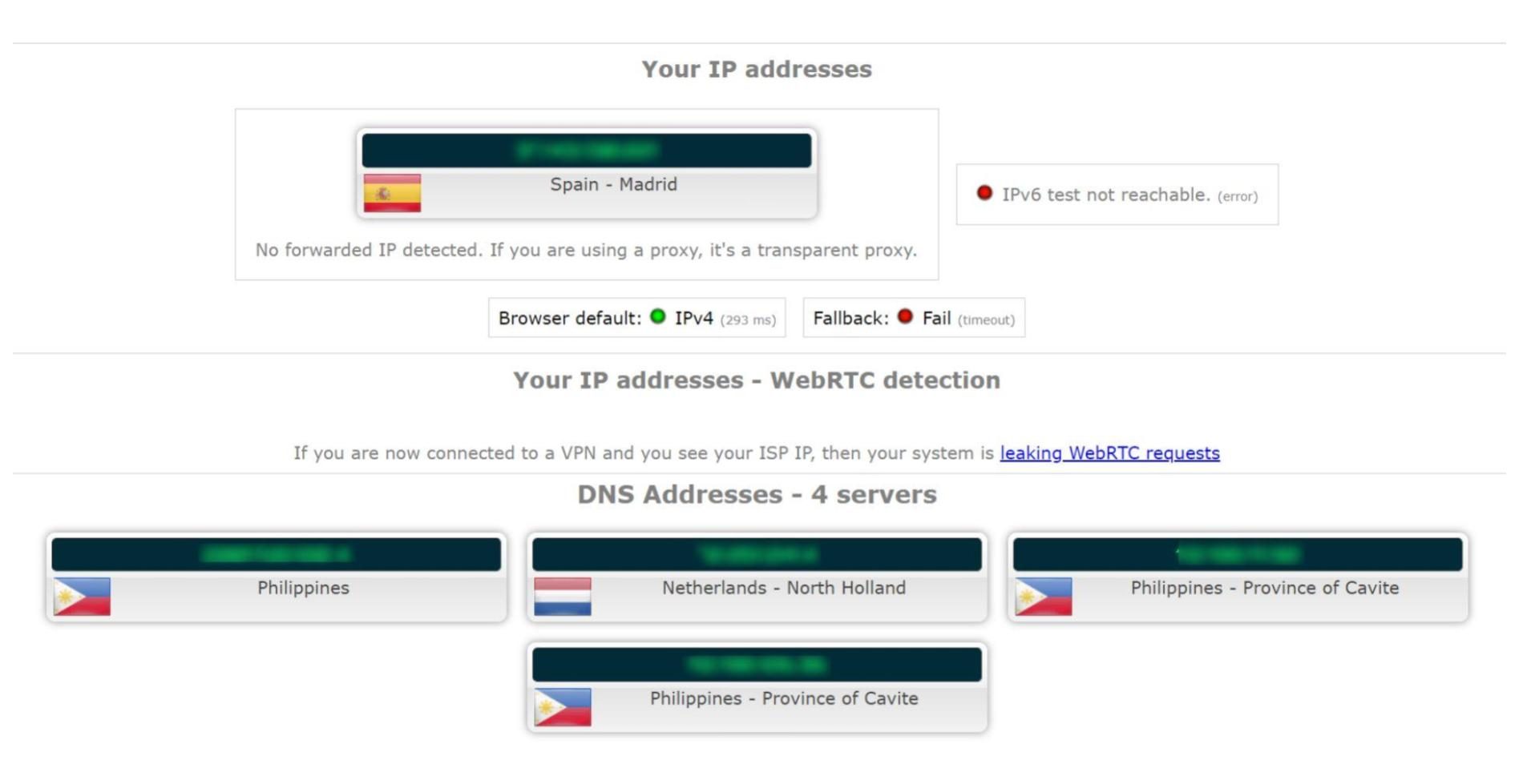 Screenshot of Unlocator's WebRTC (IP) and DNS leak test results