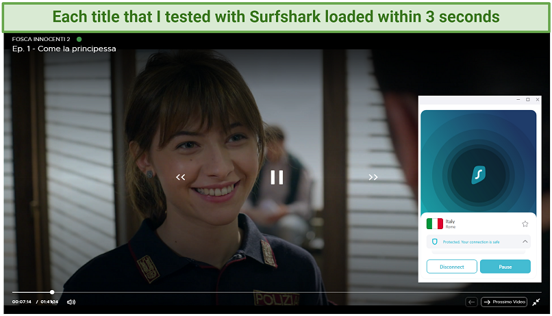 screenshot of fosca innocenti streaming on Canale 5 with Surfshark connected